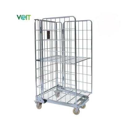 China Wholesale Adjustable Shelf Stackable Foldable 3 Sided 600kg Galvanized Laundry Stacking Mild Steel Folding Roll Cage for sale