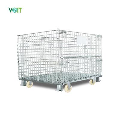 China Folding Galvanized Steel Wire Mesh Industrial Storage Transport Stackable Baskets With Wheels for sale