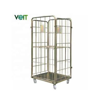 China Warehouse Storage Mesh Galvanized Collapsible Roll Folding Stackable Steel Cart Adjustable Laundry Shelf Half Open Door for sale