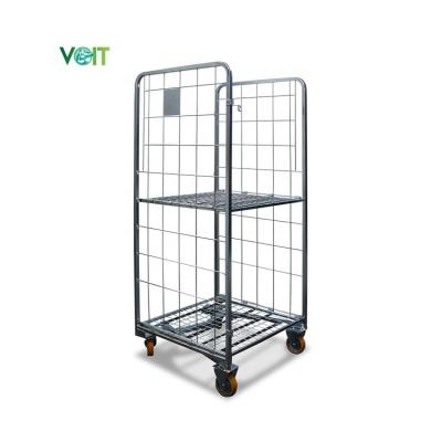 China Adjustable Shelf Detachable Galvanized Industrial Warehouse Metal Wire Mesh Rolling Foldable Cart for sale