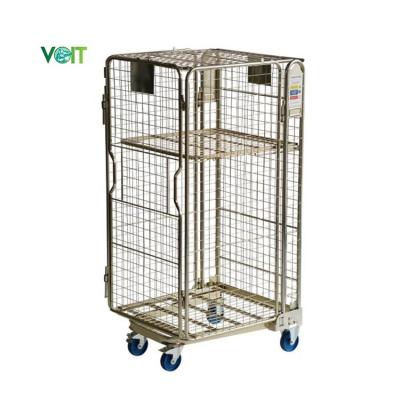 China Adjustable Shelf Collapsible Stackable Transport Steel Zinc Galvanized Collapsible Roll Container Trolley for sale