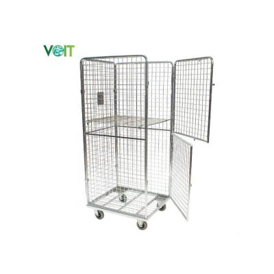 China Stackable Foldable Adjustable Shelving 4 Sided Double Door Collapsible Safety Stackable Wire Warehouse Roll Cage for sale