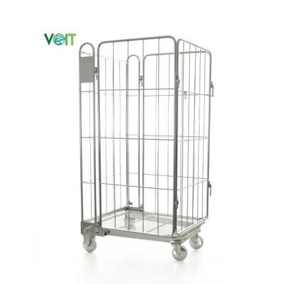 China Adjustable Shelf Supermarket Stackable Collapsible Nesting European Durable Galvanized Welded Collapsible Wire Roll Cage for sale