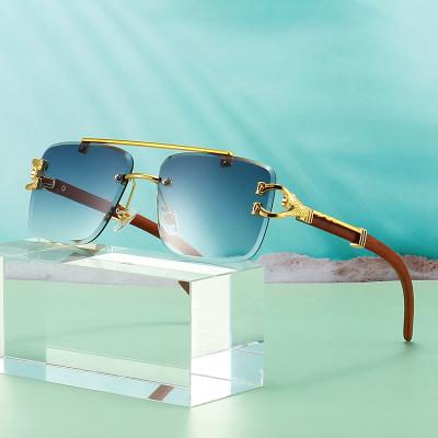 China Light blue leopard fashion sunglasses square double bridge sunglasses men wooden leg luxury grain rimless rimless for sale