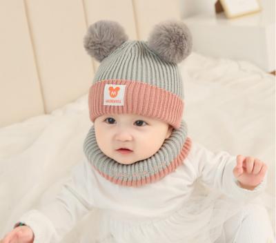 China Hot Sale Fashion Picture Kids Children Winter Hats Acrylic Hat With Bib Scarf Wind Proof 6 Colors Wholesale OEM LOGO Unisex Bear for sale