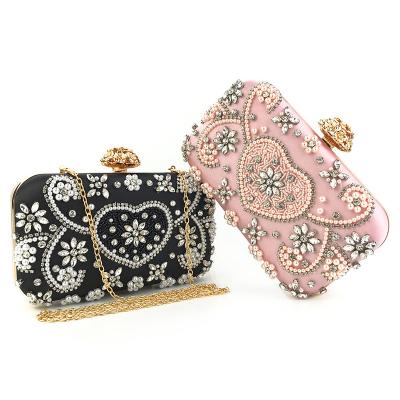 China Free Shipping Luxury Satin Women Evening Clutch Bag Metal Flower Black Color Black Color Rhinestones Chain Shoulder Handbags for sale