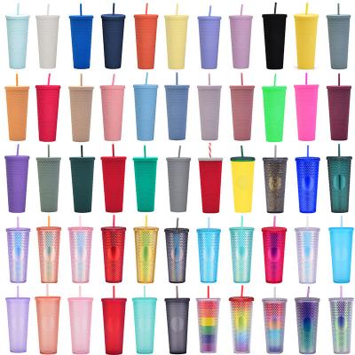 China 24oz Disposable Black Plastic Double Matte Cups Colored Reusable Venti Wall Studded Tumblers With Lids And Straws for sale