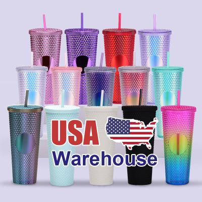 China USA Warehouse 24oz Disposable Diamond Black Acrylic Studded Water Bottle Tumbler With Straw for sale