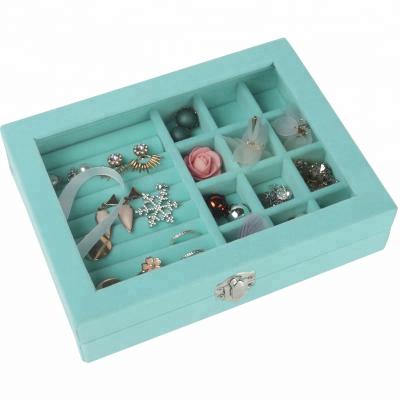 China Eco-friendly Jewelry Display Case Stackable Velvet Necklace Box Glass Top Jewelry With Glass Lid And Lock for sale