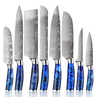 China Viable Hot Sale Damascus Laser Pattern Stainless Steel Damascus 8 Piece Kitchen Knife Set For Kitchen for sale