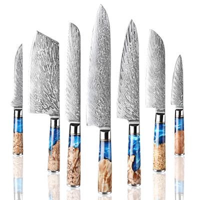 China Viable Damascus Steel Latest Design Blue Resin Handle 67 Layers Damascus Steel 7 Pieces Knife Set for sale