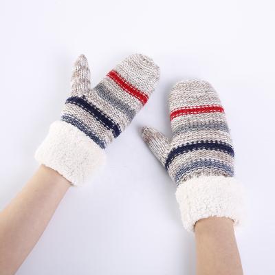 China New Checked Trend Women's Winter Stripe Mixed Color Knitted Mittens Ski Gloves With Fleece Lining warm for sale