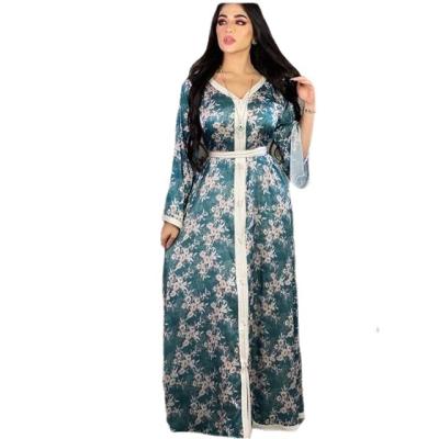 China Optional Lady Elegant Floral Muslim Dress Women Abaya Feature Belt Islamic Dubai Jalabiya Dubai India Clothing And Pakistan Apparel for sale