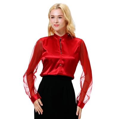 China Retro small collar satin anti-pilling luxury runway ruffle shirt long sleeve silk women's casual spring and autumn 