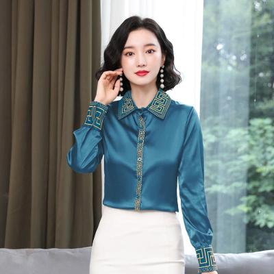 China Anti-pilling Long Sleeve Silk Satin Shirt Women Runway Printed Elegant Button Up Blouse Spring Autumn Winter Gorgeous High-End for sale