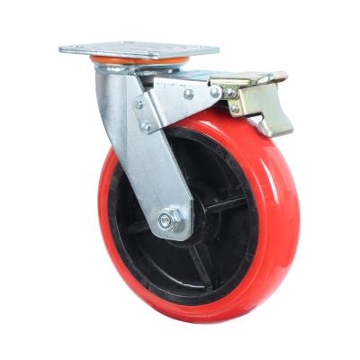 China High Quality Red PIVOT PU Wheels Industrial Casters Swivel Casters With Brake for sale