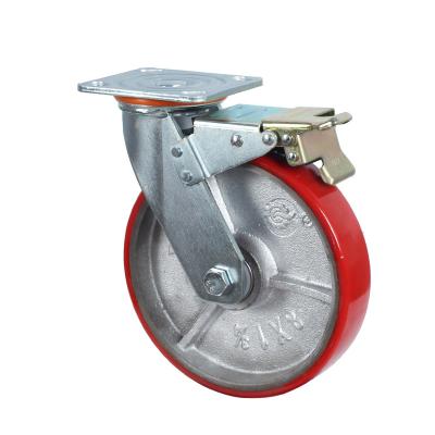 China 200mm Diameter Swivel Rigid Iron Core Polyurethane Heavy Duty Industrial Caster With Brake for sale