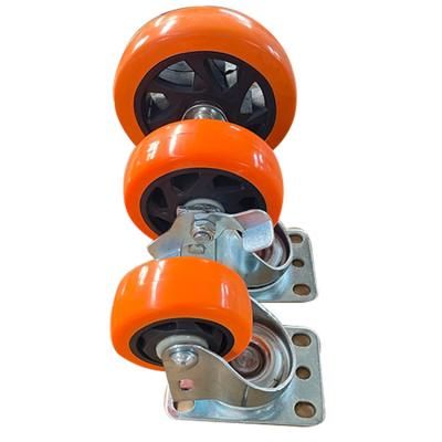 China 4 Inch Double Swivel Flat Free PU Polyurethane Caster Wheel Orange Bearing With Brake for sale