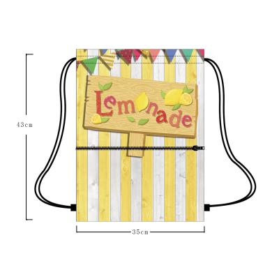 China Custom Gift Bag Lemon Design Print Gym Drawstring Bag With Zipper Pocket Bag Washable Reusable Drawstring NO MOQ for sale