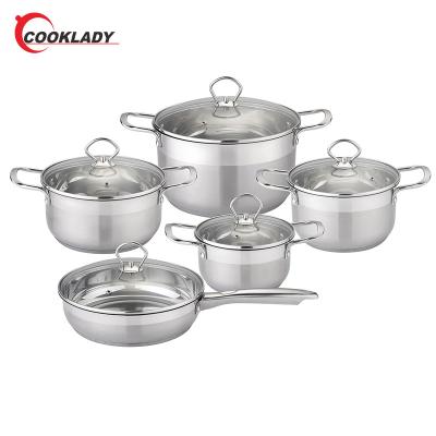 China Sustainable Wholesale Kitchen Appliance 10Pcs Cooking Stainless Steel Pot Cookware Sets With Glass Lid for sale