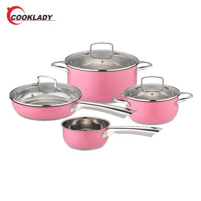 China Shine Pink Color Stainless Steel Cookware Sustainable Wholesale Non Stick Cookware Set For Household for sale