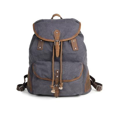 China Plain Black Durable Cheap Canvas Drawstring Backpack Vintage Genuine Leather Leather Backpack Large For Man for sale