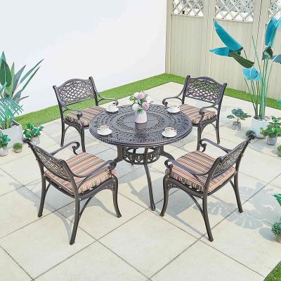 China Water Proof Bistro Courtyard Furniture High End Round Cast Aluminum Coffee Table Set Aluminum Dining Set for sale