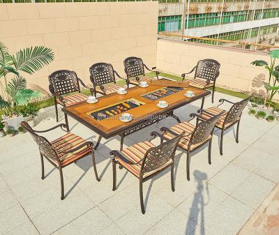 China Bistros Furniture Good Quality Water Proof Balcony Pattern Wooden BBQ Set Cast Aluminum Dining Set for sale