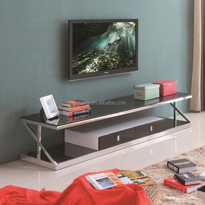 China Latest Arrival Porcelain Tempered Glass Modern Cheap Living Room TV Stand Stainless Steel Modern Cheap Cabinet for sale