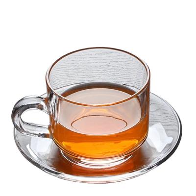 China Sustainable Plant High Borosilicate Glass Single Wall Glass Cup With Handle And Saucer for sale