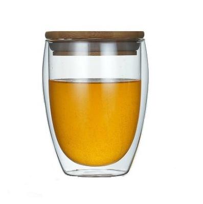 China Keep Warm Double Wall Borosilicate Heat Resistance Usage 350ml Glass Tea Cup With Bamboo Lid for sale