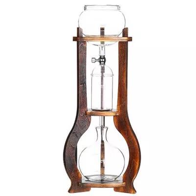 China Sustainable Clear Glass Iced Coffee Cold Brew Dripper Maker Wood Frame for sale