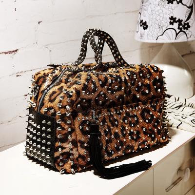 China Hip-hop square leopard print lady's tassel shoulder handbags rivets rhinestone makeup clutch large volume handbag for women for sale