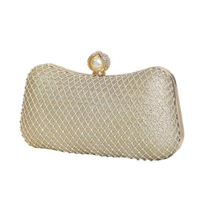 China New fashion chain bags gilt border cross mesh pattern faux colored diamond embellished purse opening inlaid with pearls lady handbags for sale