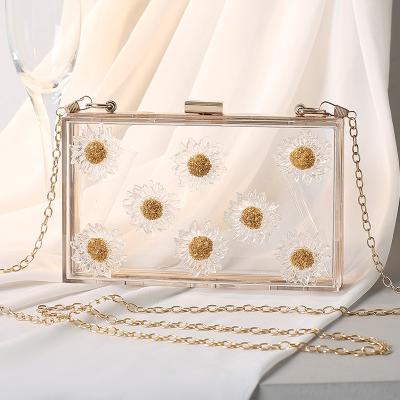 China Specially designed fashion 2021 transparent flowers adorn new cross-body dinner chain bags square box ladies cute acrylic makeup bag for sale