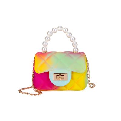 China Handsome fashion square pearl plaid jelly bag candy beautiful color patchwork lady's and women's chain bag purse shoulder bag for sale