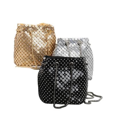 China Fashion All-match Handmade Rhinestone Dinner Bag Female Bucket Bag Glitter Drawstring Chains Clutch Shoulder Handbags for sale