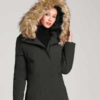 China Breathable Women Down Long Parka Stripper Jacket With Faux Fur Trim Hood for sale