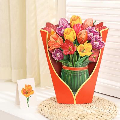 China New Europe Style Lily Paper Pop Cards 3D Pop Up Flower Bouquet Greeting Cards for sale