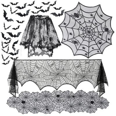 China Polyester Halloween Bat Table Runner Black Cobweb Lace Table Cloth Fireplace Curtain For Halloween Party Decoration Horror Bedroom Props for sale