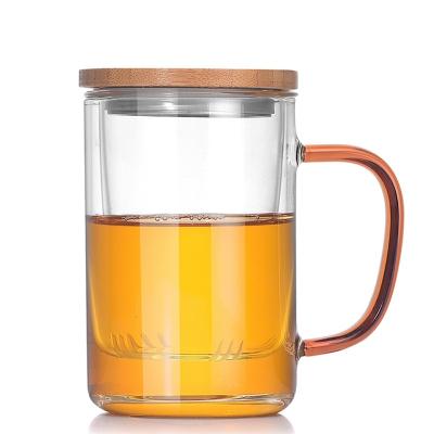 China Office Home 400ml Premium Modern Heat Resistant With Handle Lid Borosilicate Tea Filter Glass Bamboo Tea Cup for sale