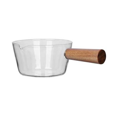 China Sustainable Household Japanese Clear With Wooden Handle Baby Food Supplement Bowl Heat Resistant Noodle Cooking Milk Glass Soup Pot for sale