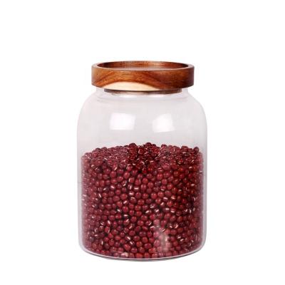 China Wholesale Sustainable Hand Blown Mouth Borosilicate Glass Clear Wide Jar With Sealed Wooden Lid for sale