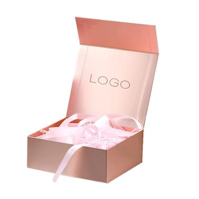 China Wholesale Recyclable Customized Printed Logo Luxury Cheap Pink Ribbon Magnetic Cover Folding Apparel Gift Box for sale