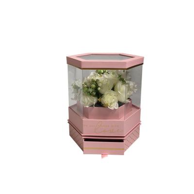 China High Grade Recyclable Manufacturing Stock Window Flower Box Hexagonal Transparent Gift Box With Drawer for sale