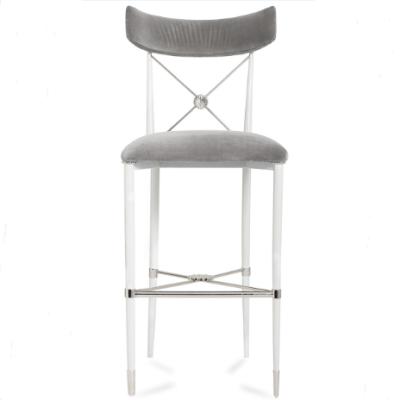 China Durable Commercial Furniture White Metal Legs Gray Velvet High Bar Chair for sale