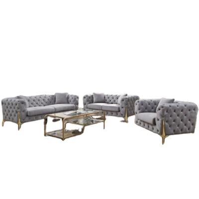 China Other Foshan Furniture Manufacturer Gold Legs Gray Velvet Button Tufted Living Room Sofa Set for sale