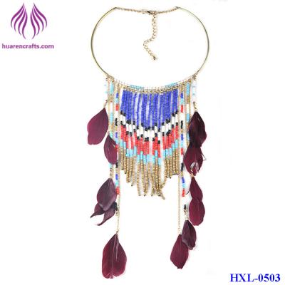 China Fashion bead tassel Pendant long Chain Feather Necklace for sale