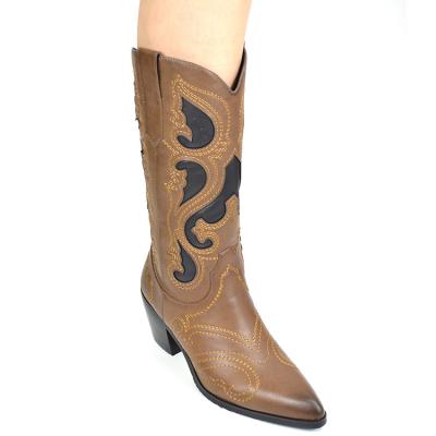 China Waterproof Women's Cowboy Boots Slip On Toe Low Headed Leather Heeled Shoes Knight Cowboy Boots for sale