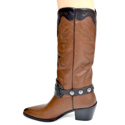 China Waterproof Cowboy Boots Women Leather Classic Embroidered Western Cowgirl Boots Low Heel Shoes Knee High for sale